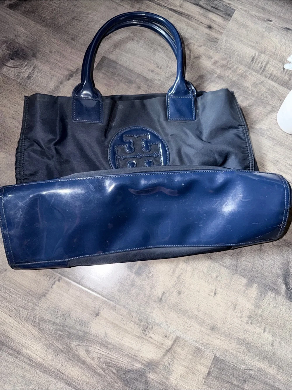 Tory Burch Ella classic Navy Logo Nylon Tote with Patent Trim